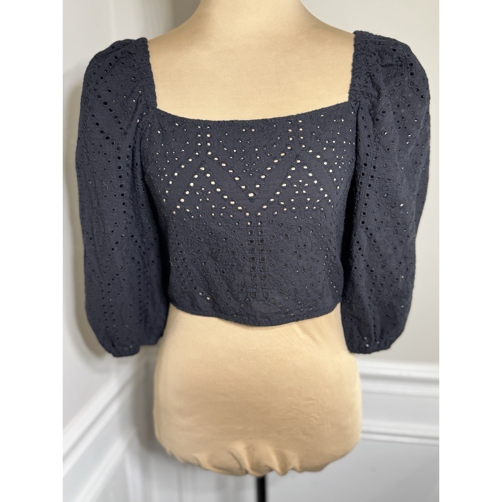 Socialite Black Eyelet Lace Crop Top 3/4 Balloon Sleeve Womens Size Xtra Small